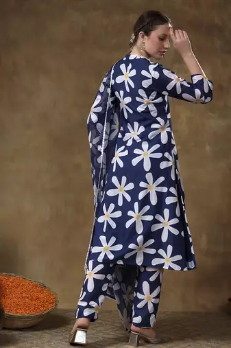 Meraki white flower blue muslin kurta set with organza dupatta