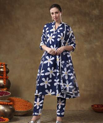 Meraki white flower blue muslin kurta set with organza dupatta 5