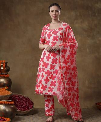 Meraki orange floral print muslin kurta set with organza dupatta 1