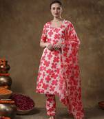 Meraki orange floral print muslin kurta set with organza dupatta