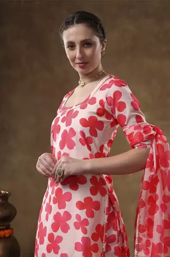 Meraki orange floral print muslin kurta set with organza dupatta