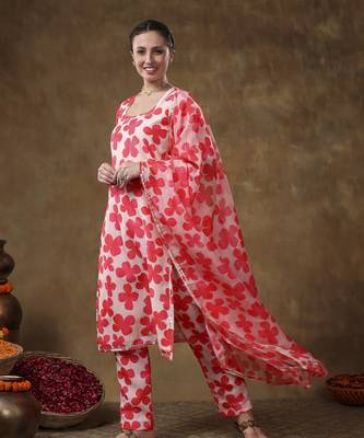 Meraki orange floral print muslin kurta set with organza dupatta 3