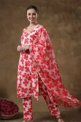 Meraki orange floral print muslin kurta set with organza dupatta