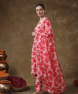 Meraki orange floral print muslin kurta set with organza dupatta 4