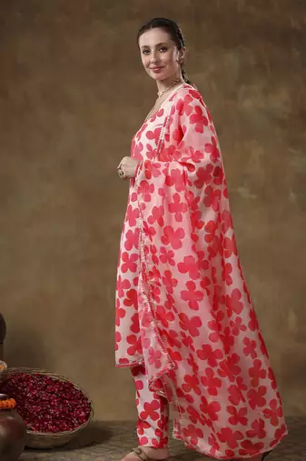 Meraki orange floral print muslin kurta set with organza dupatta