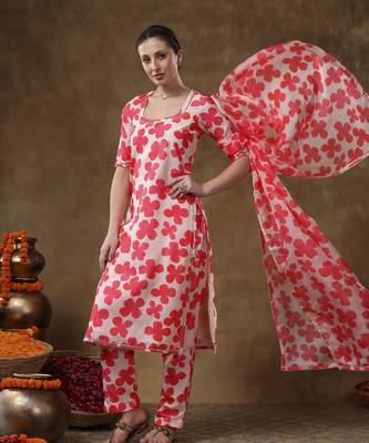 Meraki orange floral print muslin kurta set with organza dupatta 5