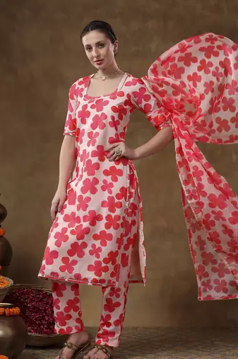 Meraki orange floral print muslin kurta set with organza dupatta