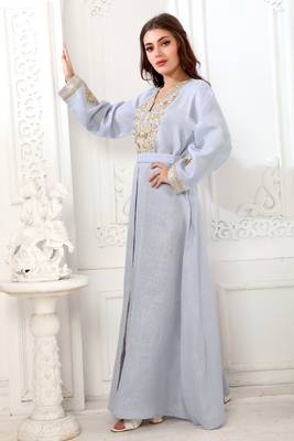 Powder Blue Linen Zari Work Kaftan  3