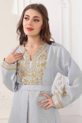 Powder Blue Linen Zari Work Kaftan  5