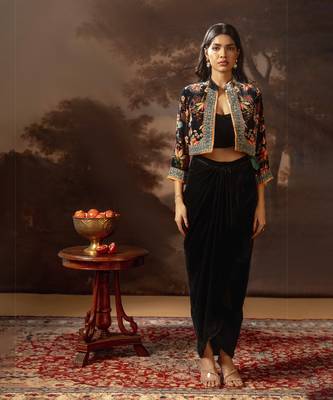 Black aarani embroidered drape skirt set 1