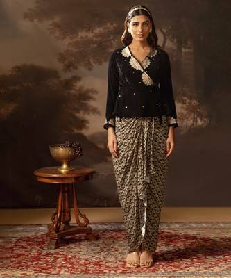 Black eraya embroidered drape skirt set 1