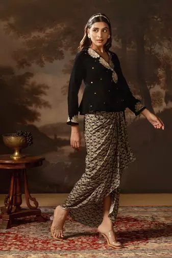 Black eraya embroidered drape skirt set