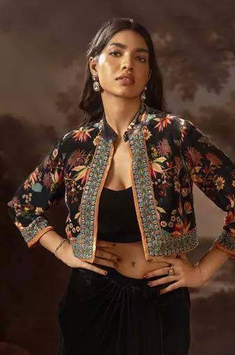 Black aarani embroidered drape skirt set