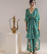 Green aarani embellished pant set with a cape