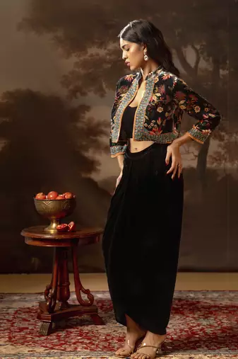 Black aarani embroidered drape skirt set