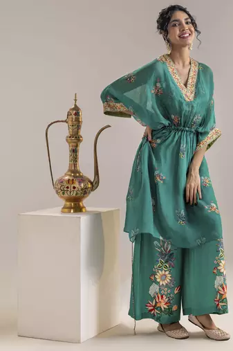 Green aarani embellished pant set with a cape