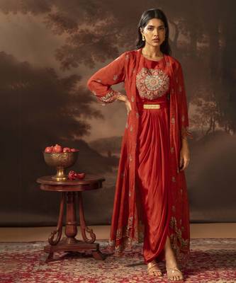 Red eraya embellished drape dress set 1