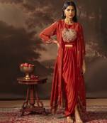 Red eraya embellished drape dress set