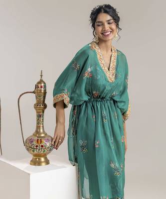 Green aarani embellished pant set with a cape 3
