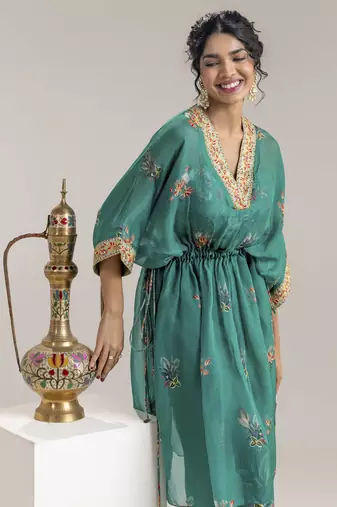Green aarani embellished pant set with a cape