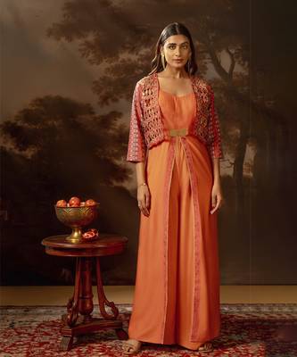 Red orani embroidered jumpsuit set 1