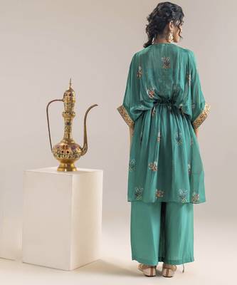 Green aarani embellished pant set with a cape 4