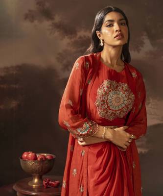 Red eraya embellished drape dress set 2