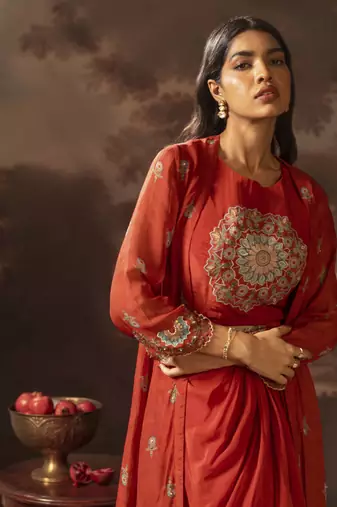 Red eraya embellished drape dress set