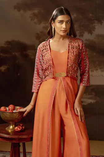 Red orani embroidered jumpsuit set