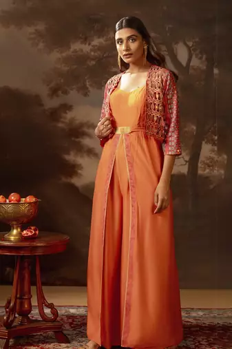 Red orani embroidered jumpsuit set
