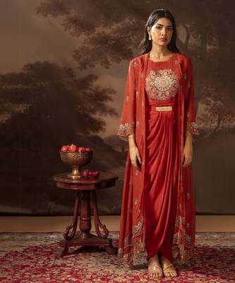 Red eraya embellished drape dress set 4