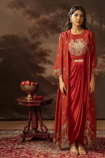 Red eraya embellished drape dress set