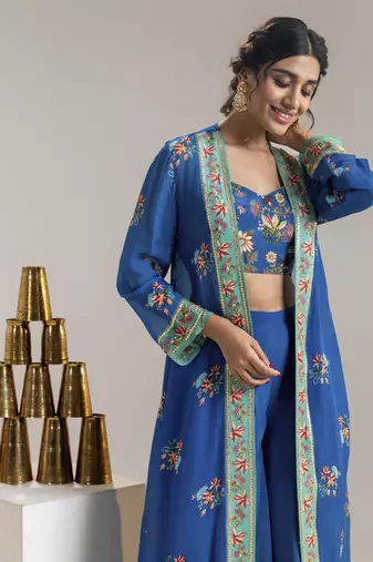 Blue aarani embroidered co-ord set with jacket