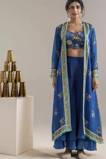 Blue aarani embroidered co-ord set with jacket