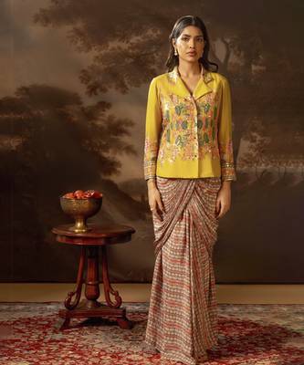 Yellow tamaya embellishment drape saree jacket set 1