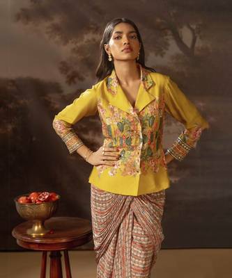 Yellow tamaya embellishment drape saree jacket set 2