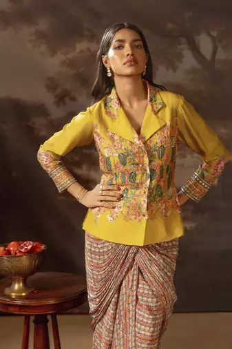 Yellow tamaya embellishment drape saree jacket set