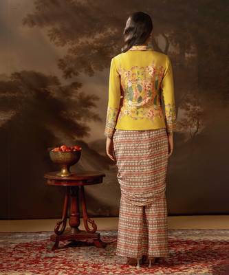 Yellow tamaya embellishment drape saree jacket set 3