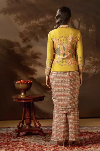 Yellow tamaya embellishment drape saree jacket set