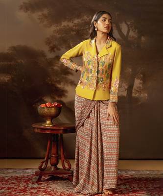 Yellow tamaya embellishment drape saree jacket set 4