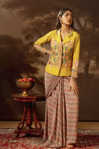 Yellow tamaya embellishment drape saree jacket set