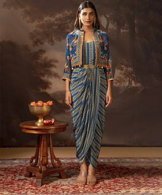 Blue aarani embroidered drape dress set 1