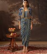 Blue aarani embroidered drape dress set