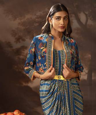 Blue aarani embroidered drape dress set 2