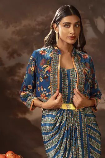 Blue aarani embroidered drape dress set