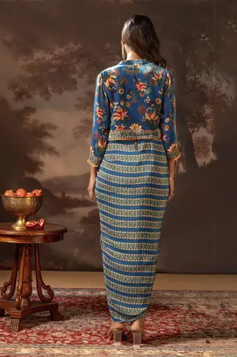 Blue aarani embroidered drape dress set