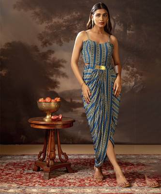 Blue aarani embroidered drape dress set 4