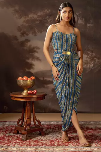 Blue aarani embroidered drape dress set