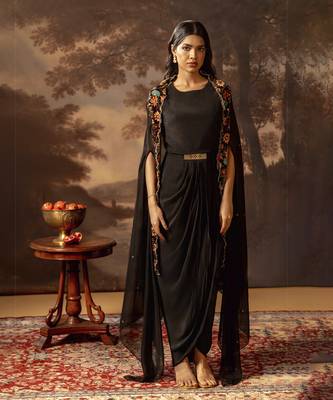 Black aarani embroidered drape dress set 1