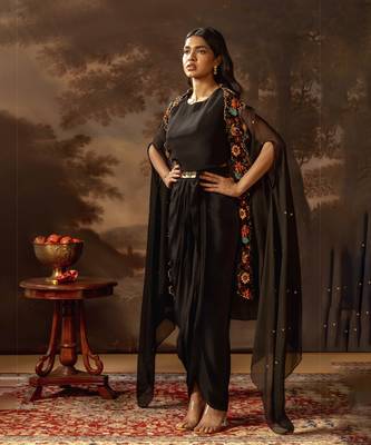Black aarani embroidered drape dress set 2